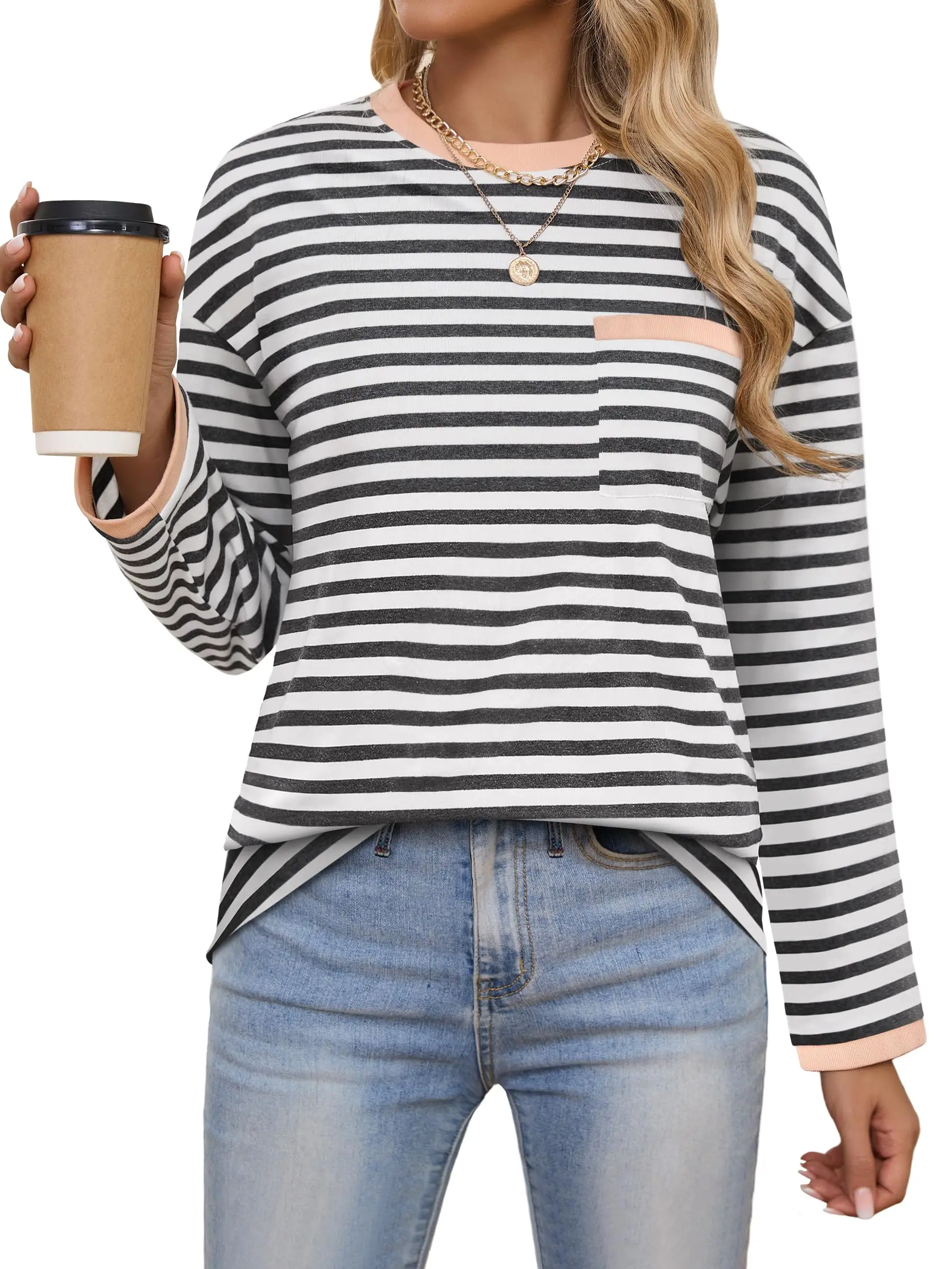 

Женские полосатые топы с длинными рукавами в стиле пэчворк с карманами, повседневная классическая уличная одежда 2025