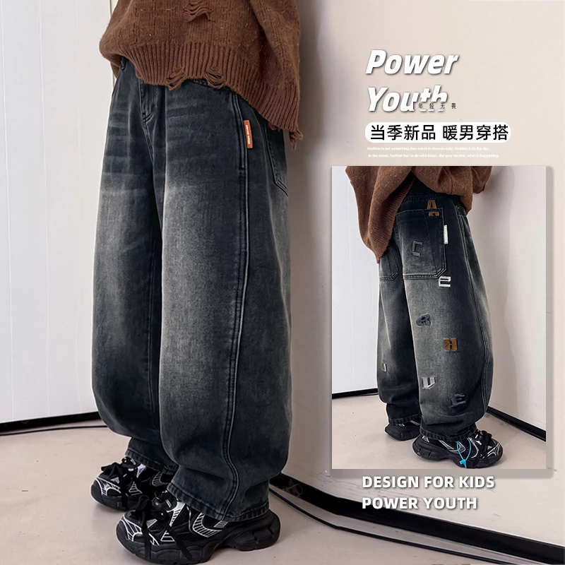 2026 New Boys Cool Jeans Spring And Autumn Trousers Korean Casual Black Loose Pants Painting Print Children's Clothing 5-14Years