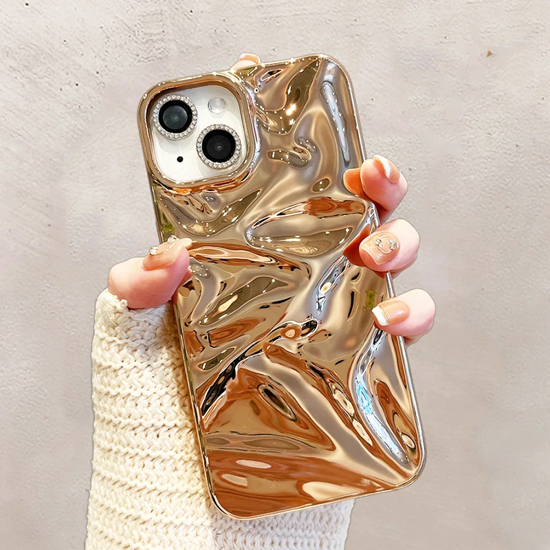 

Fashion Plating Gold Wrinkle Meteorite Texture Case For iPhone 16 Pro Max 15 14 13 12 11 16 Plus Back Cover Funda