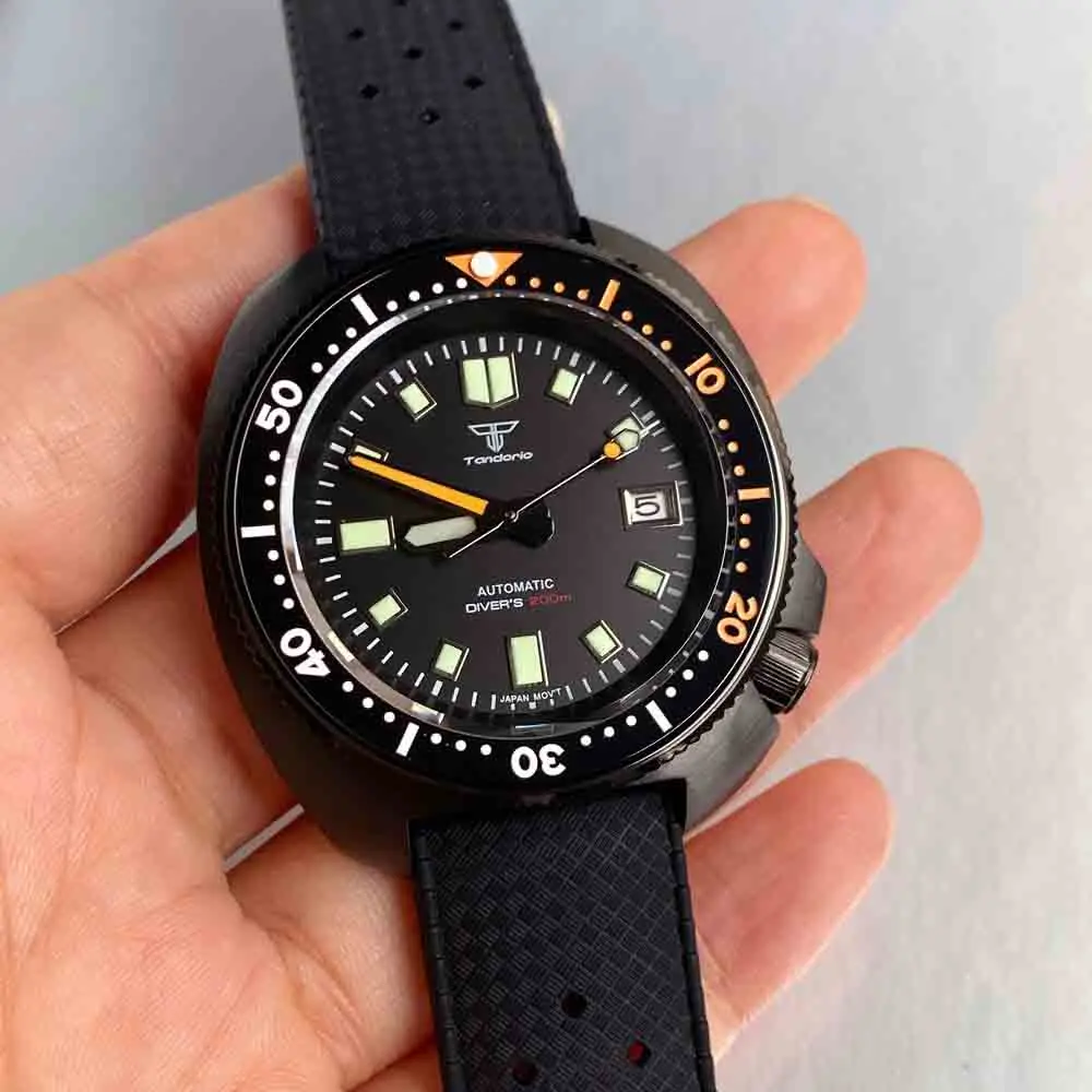 

Часы Tandorio, 44 мм, в стиле черепахи, черные часы с сапфировым стеклом PVD, NH35A, механические автоматические мужские часы, зеленые светящиеся стрелки циферблата