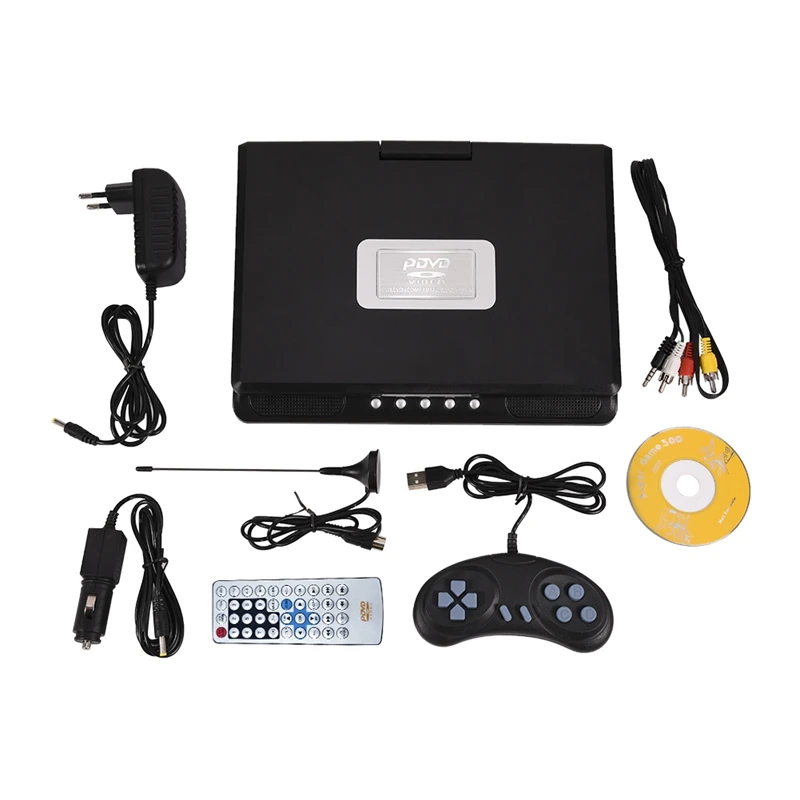 DVD móvel portátil com mini tv, player hd, bateria recarregável embutida, cartão sd, porta usb, plugue dos EUA, 9,8"