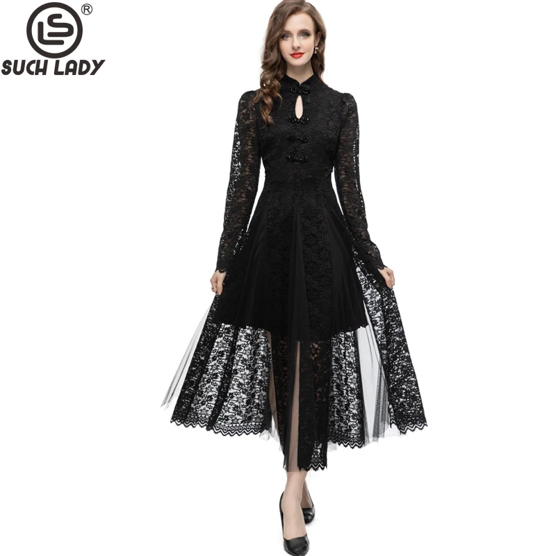 

Women's Runway Dresses Stand Collar Long Sleeves Embroidery Lace Patchwork Vintage Vestidos