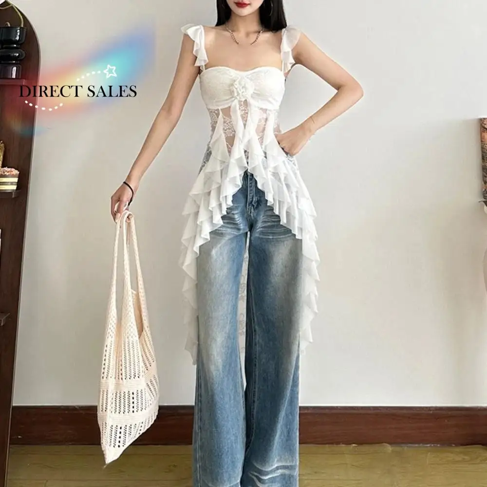 오프숄더 레이스 꽃 장식 태슬 캐미솔 러플 엣지 투명 메쉬 리본 드레스 스윗 스파이시 걸 스타일 민소매 탑 여성용