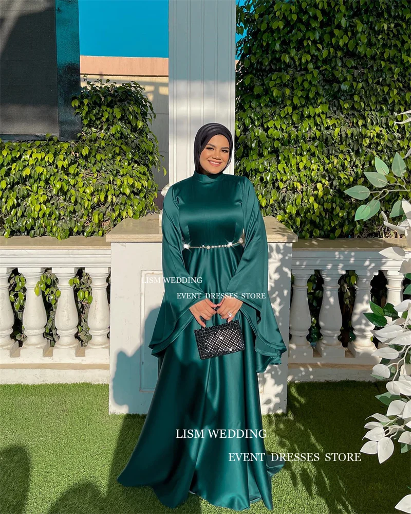 Lismus Vintage muslimischen Abendkleid Saudi-Arabien Dubai eine Linie Ballkleid High Neck formelle Anlass Kleid mit Schleier und Gürtel