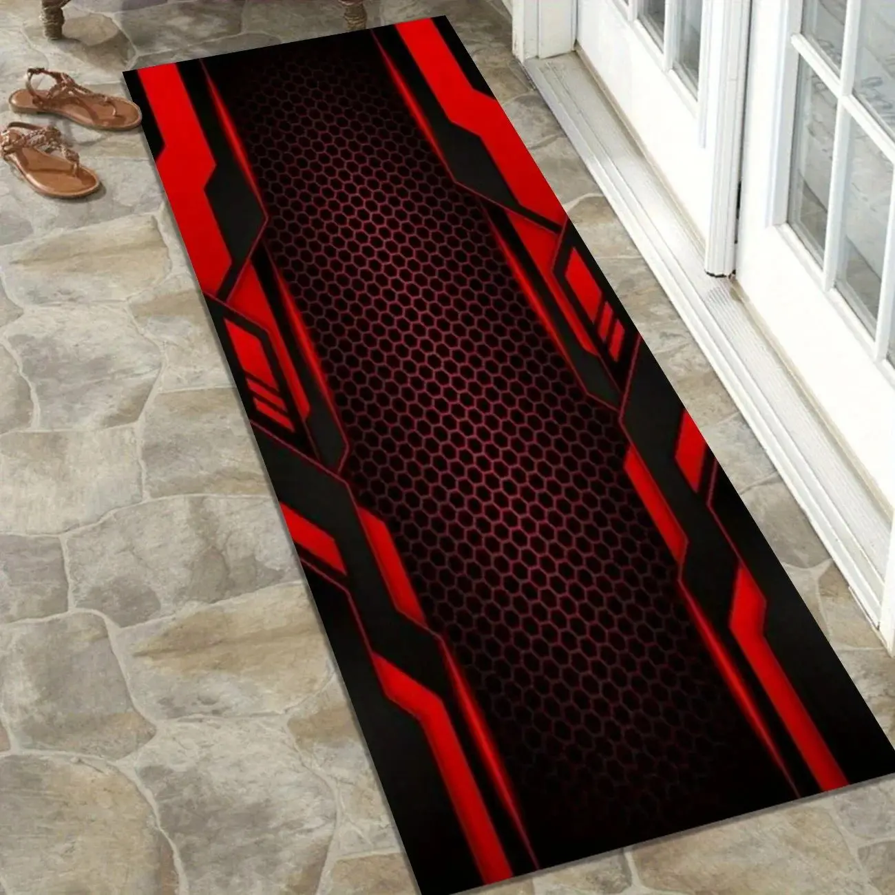 VIKAMA Absorbent Garage Mat, Red Black Honeycomb Motorcycle Pad, Anti Slip Cyber Tech Style for Motorbike Parking Home Decor