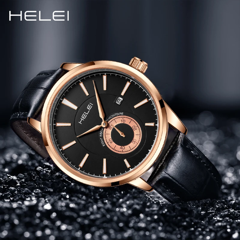 남성용 럭셔리 쿼츠 시계, 가죽 쿼츠 시계, 셀프 와인딩 캘린더 디스플레이 바 다이얼, 비즈니스 포인터 시계, HELEI2024
