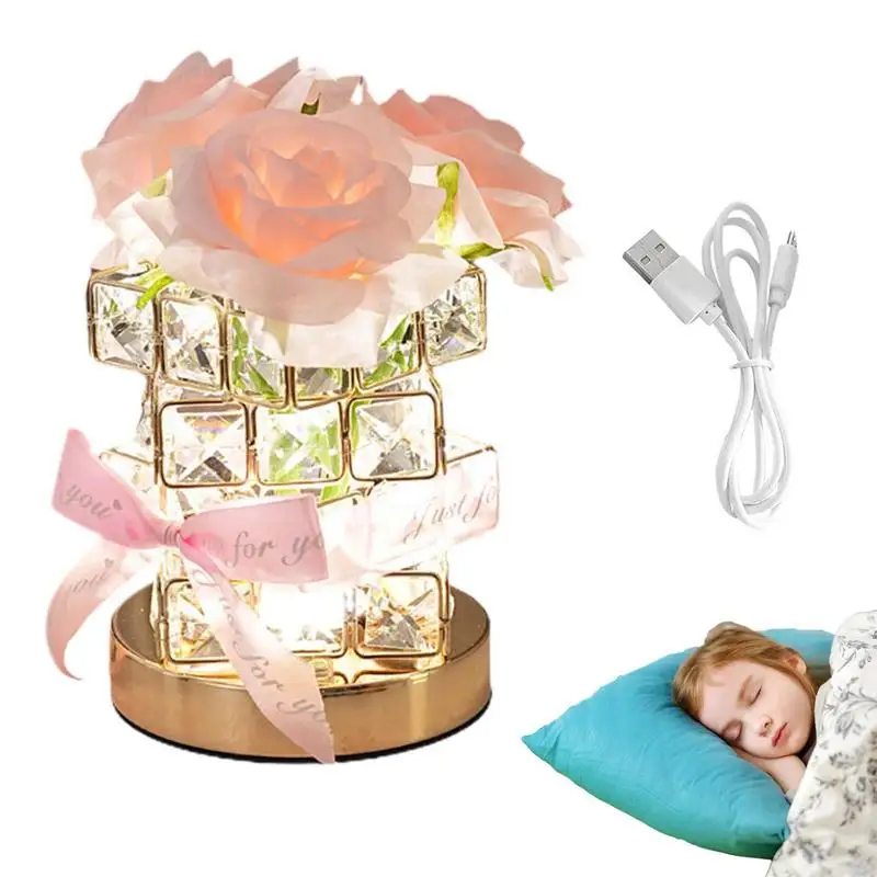 Artificial Rose Flower Night Light, Crystal Table Lamp, Bouquet Desk Lamp, Simulação de 3 cores