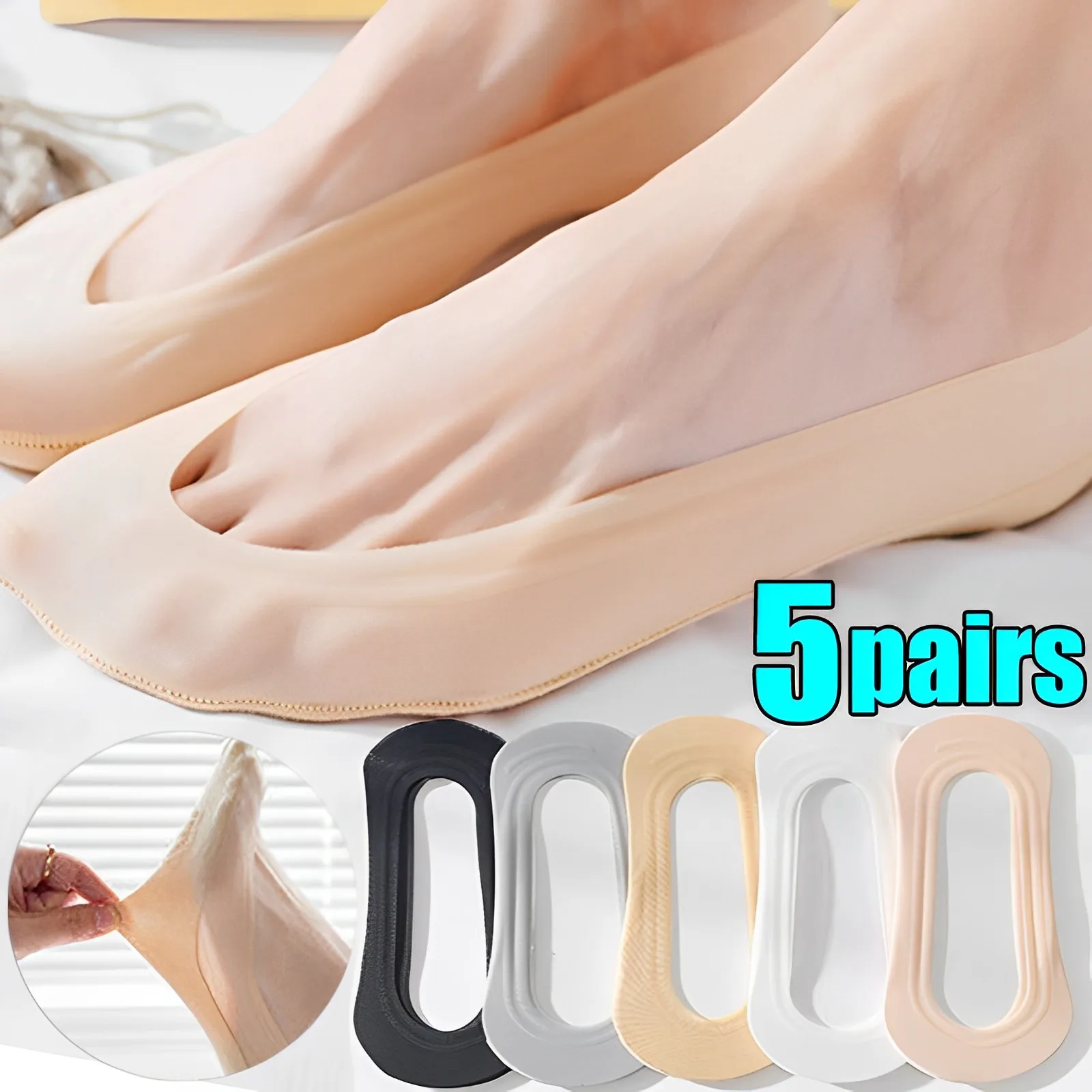 5pairs Silicone Anti-slip Invisible No Show Socks Summer Ultra-thin Breathable Sock Solid Color Ice Silk Low Cut Boat Socks