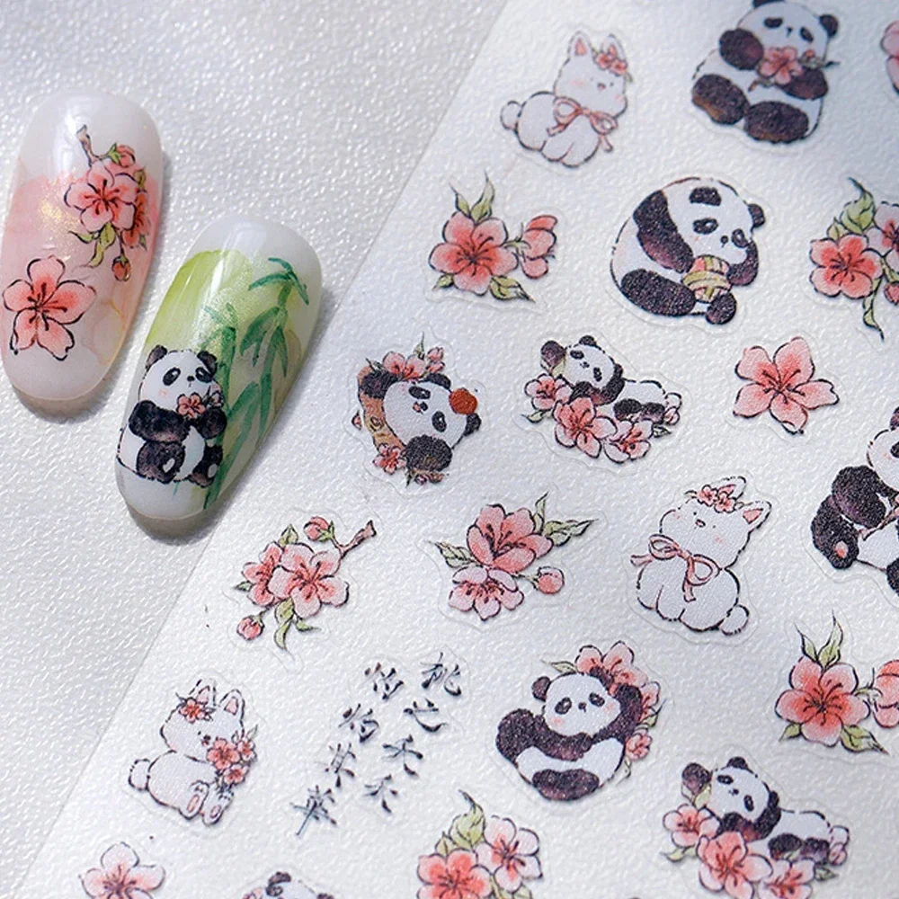 사랑스러운 팬더 대나무 꽃 스타 Bowknot 러브 하트 5D 네일 아트 스티커 귀여운 만화 양각 부조 접착제 매니큐어 데칼