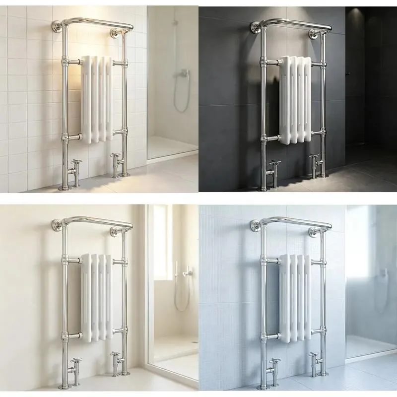 Vintage Floor to Ceiling Chrome Tube Towel Rack with Cast Iron Heated Stem Bathroom Storage Organizer