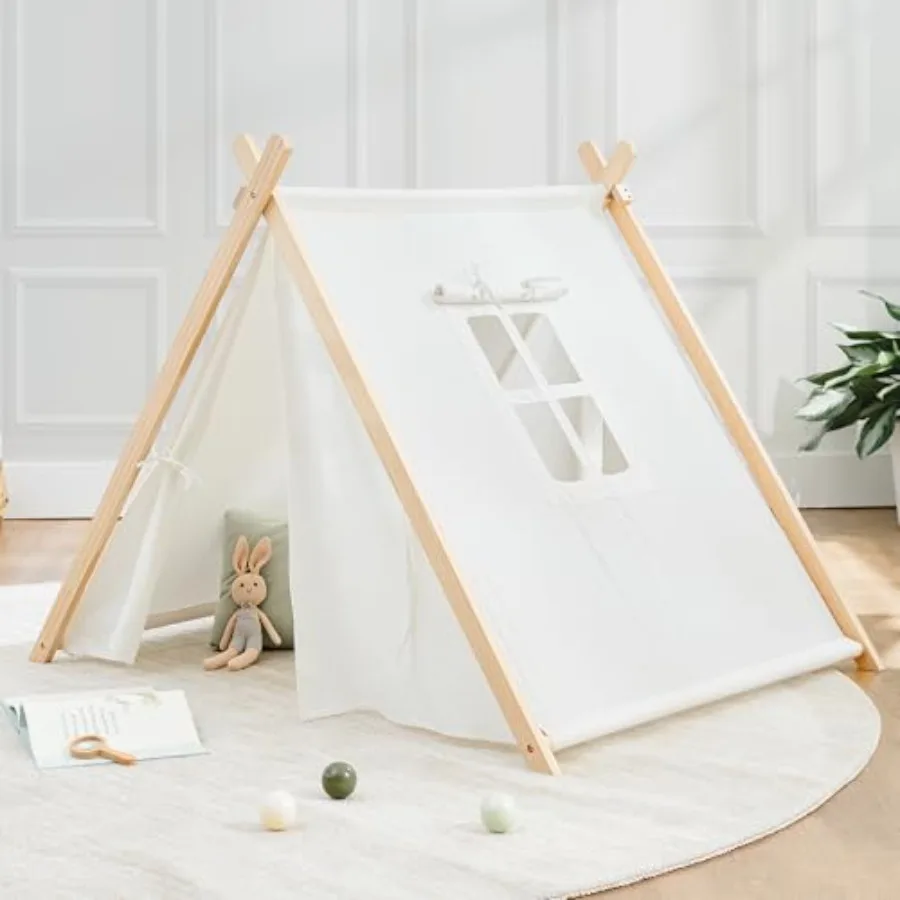 

Play Tent - Breathable Cotton Teepee for Indoor Imaginative Play - Natural Wood Frame, Beige Canvas, Easy Setup Spacious Safe D