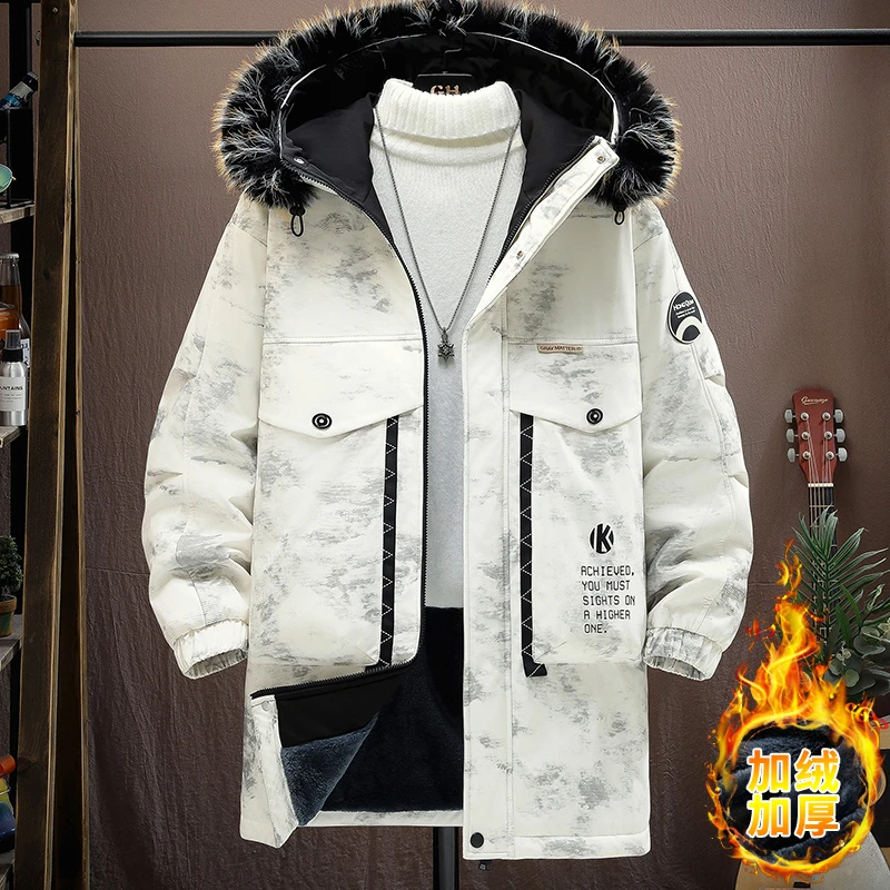 Fashionable Winter Men's Thick Plush Coat Casual Hooded Plush Warm Jacket Cotton Wrapped Windproof Fur Collar Jacket