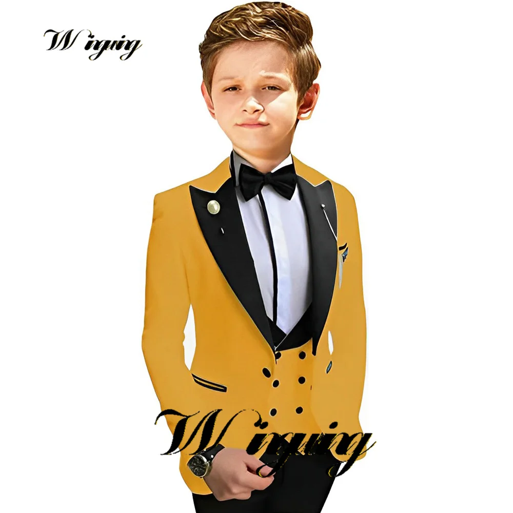 Yellow Boys Suit 3 Pieces Kids Wedding Tuxedo Jacket Pants Vest Child Fashion Custom 2-16 Years Old Clothes