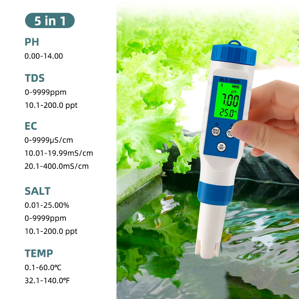 Digital PH Meter/Electrode Aquarium Water Quality Tester Thermometer PH/EC/Salinity/Temp/TDS Meter APP Control for Swimming Pool