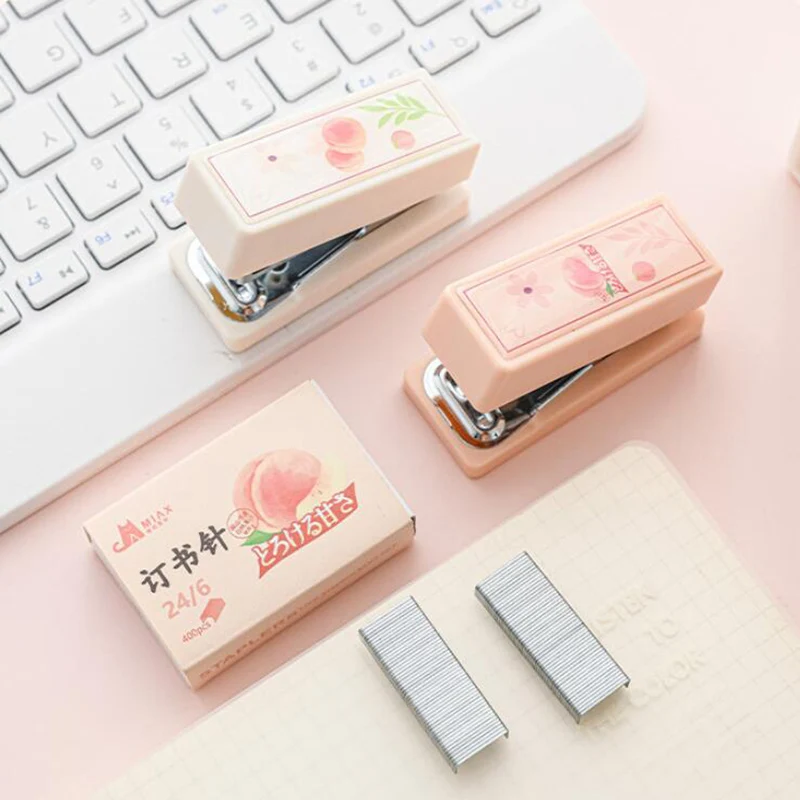 Cute Mini Peach Stapler with 400pcs 24/6 Staples Kawaii Bookbinding Machine Manual Stapler Paper Document Binder Office Tools