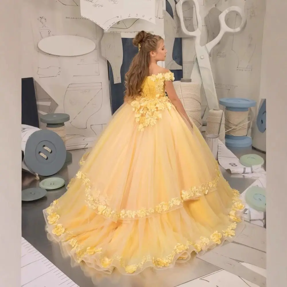 تخصيص فساتين فتاة الزهور الصفراء الديكور زين مهرجان عيد ميلاد للفتيات فساتين التواصل الأول للأطفال فساتين حفلة موسيقية