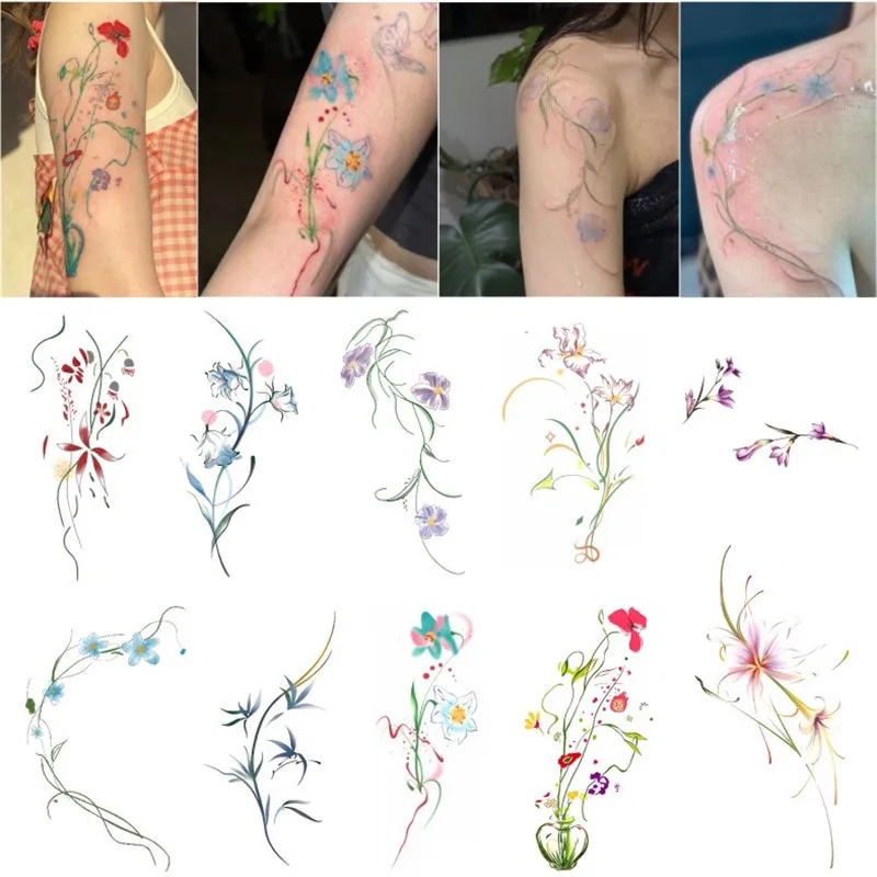 Y2K Fresh Flower Bouquet Temporary Tattoo Stickers For Women Sexy Shoulder Waterproof Long Lasting Decals