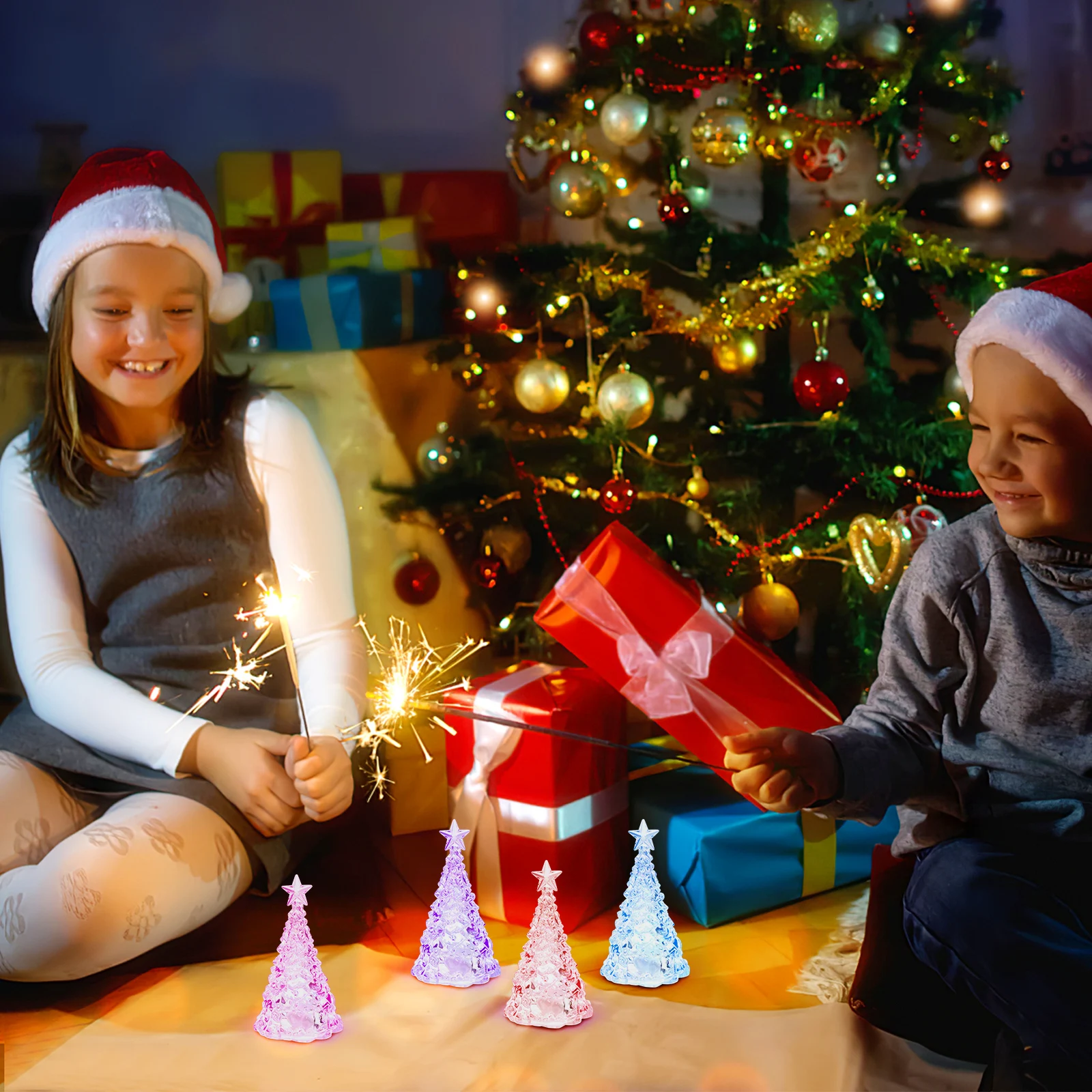 

4 pcs Christmas Tree Night Light Light Up Glitter Trees Tabletop Decoration For Bedroom Desk Holiday Party Decor Glowing Xmas