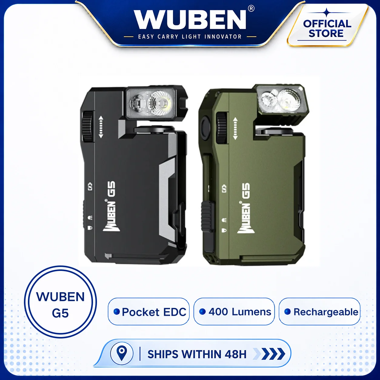 WUBEN Multi-Color Magnetic EDC G5 Flashlight 400 Lumen USB-C Rechargeable Keychain Hands Free for Camping, Car Repair, Home Use