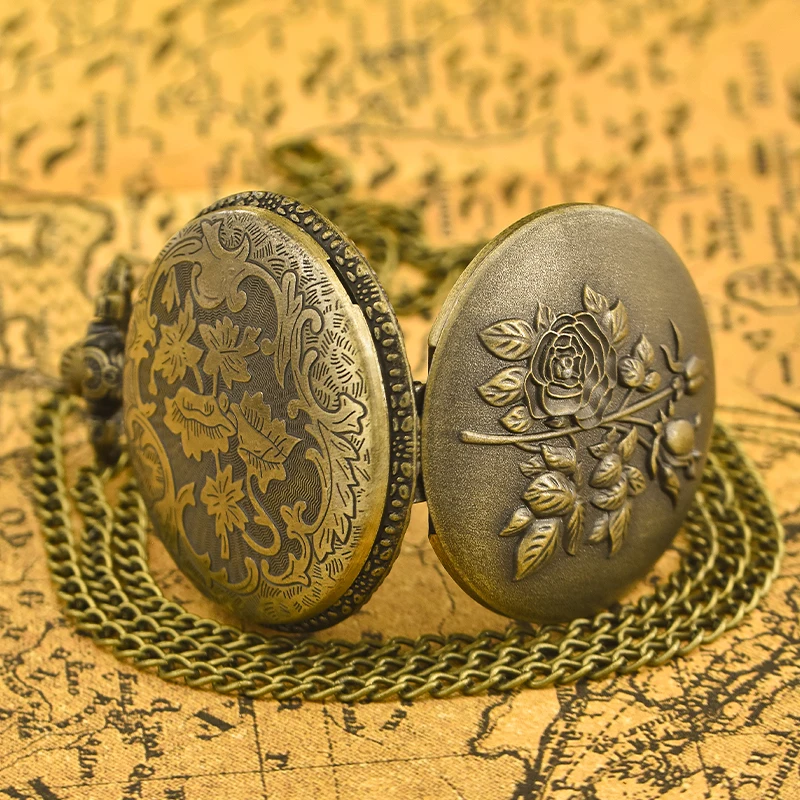 خمر البرونزية صدفي زهرة منحوتة كوارتز ساعة جيب للفتيات ، أزياء المجوهرات هدية