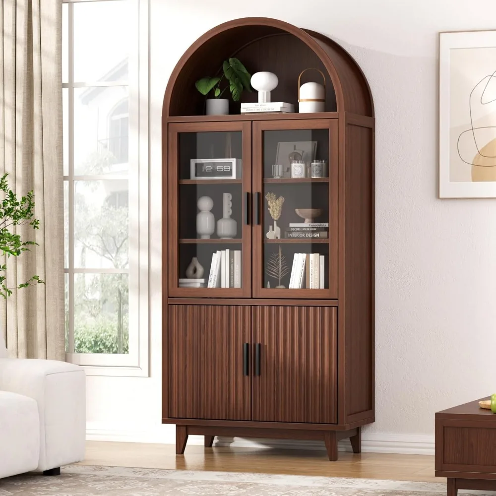

71" Tall Arched Cabinet with Glass Doors, Fluted Pantry Cabinet with Solid Wood Legs, Modern Accent Furniture for Living Room, K