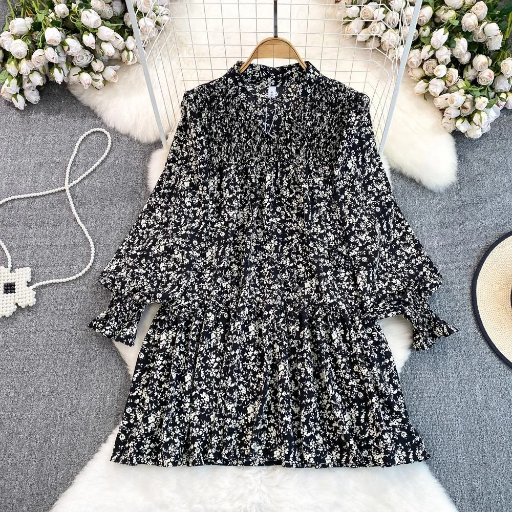 봄 가을 패션 젠틀 스위트 랜턴 롱 슬리브 브이넥 루즈 미디 A라인 레이스 트림 플로럴 프린트 여성 스커트