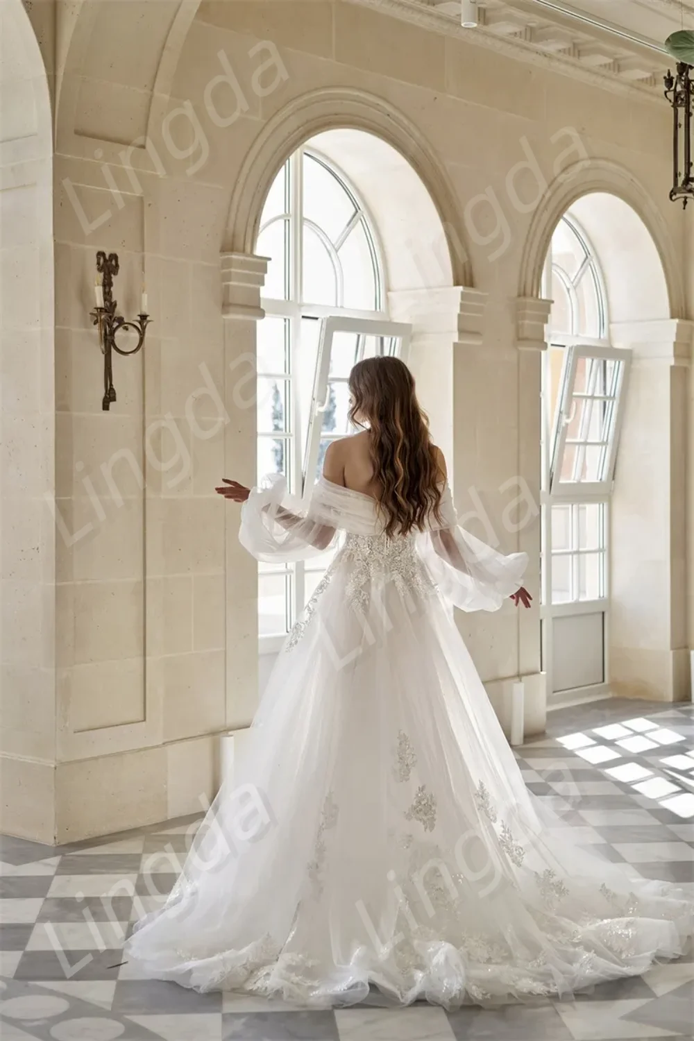 Vestido de novia de tul con hombros descubiertos, calcomanía de manga larga con Espalda descubierta, vestido de novia de princesa personalizado, sexy, elegante