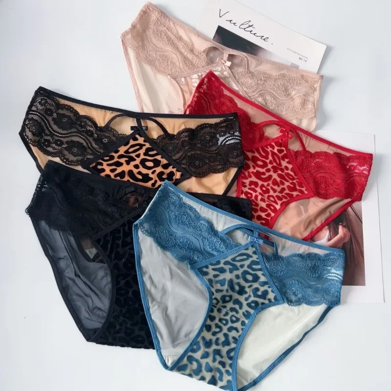 Velvet Stitching Leopard Lace Underwear for Women Low Waist Mesh Hollow Out Sexy Panties Soft Thin Breathable Briefs Lingerie