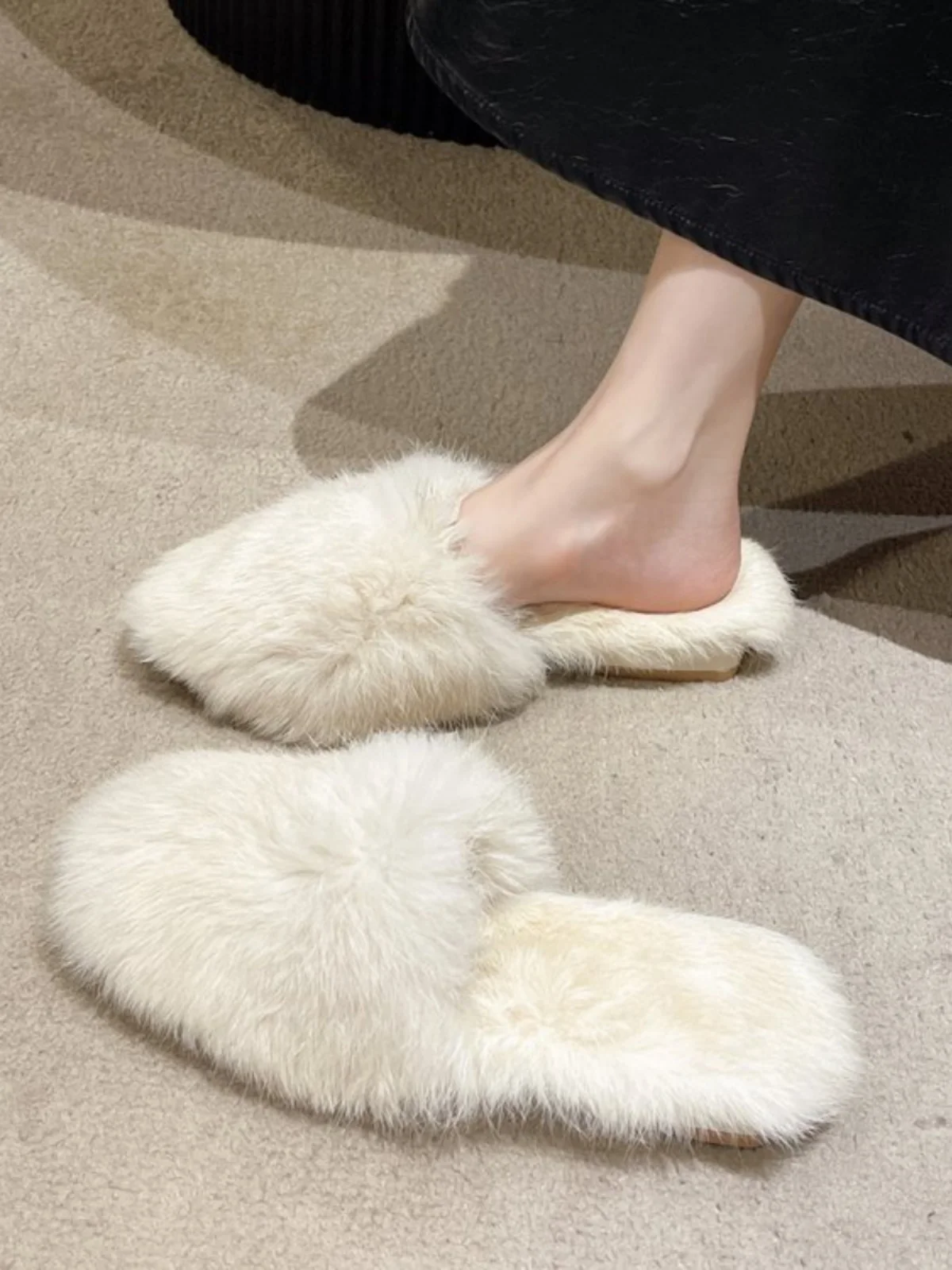 Flat Shoes Female Slippers Casual Cover Toe Slides Flock Beige Heeled Sandals Fur Flip Flops Lady Slipers Women Luxury Black Plu