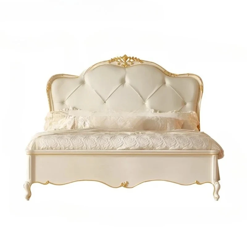 

ss7486 Pastoral retro-style leather solid wood bed European-style carved villa large flat master bedroom daughter bed