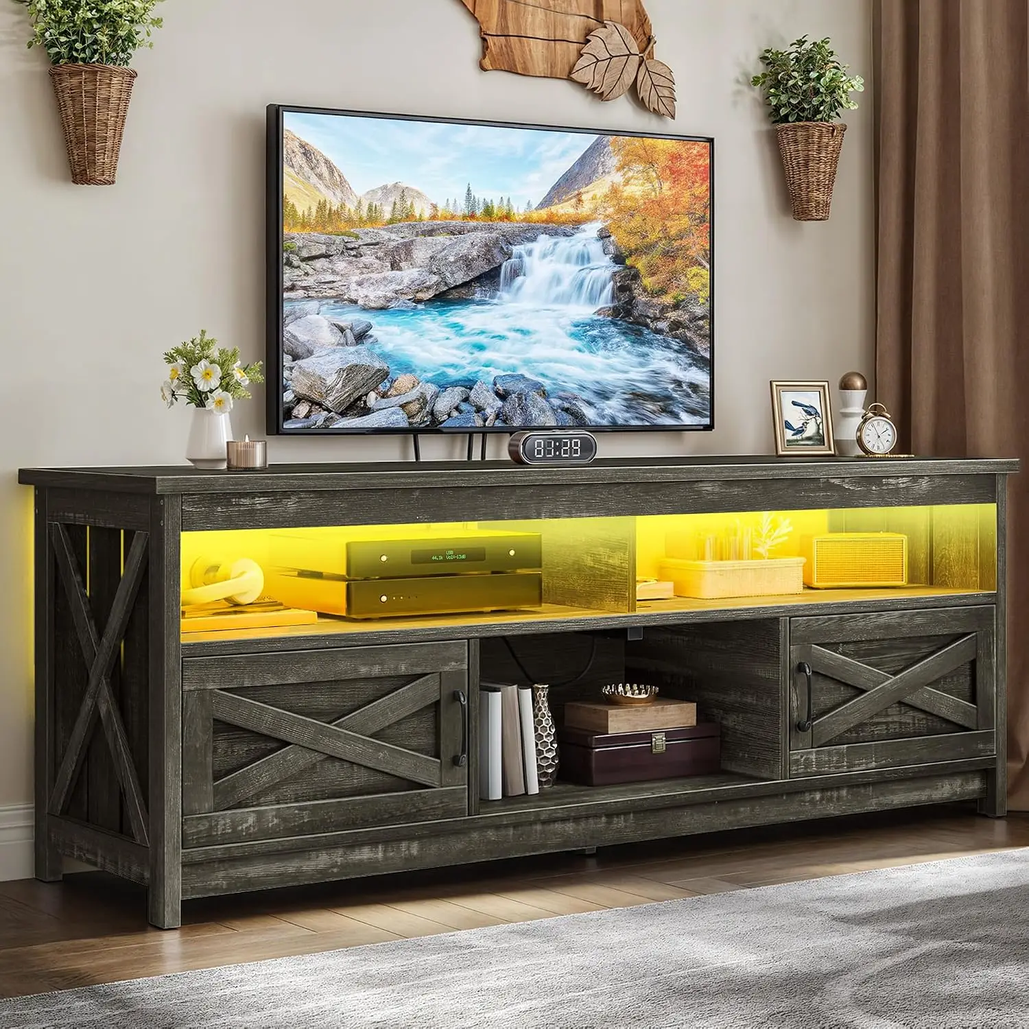 Farmhouse TV Stand for 65/75 Inch TV LED Entertainment Center Television Stand with Power Outlets and Open Shelf,, Customized