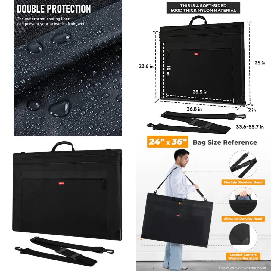 

Легкая художественная сумка-портфель 24x36 дюймов, черный холщовый чехол со съемным плечевым ремнем и кожаными углами для защиты