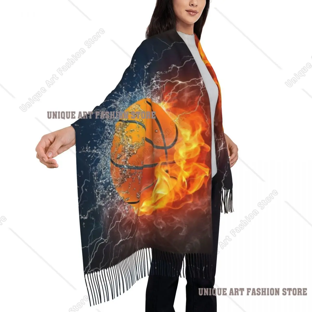カスタマイズファッションバスケットボールアイスアンドファイアタッセルスカーフ女性冬秋暖かいショールラップレディーススポーツプレーヤースカーフ