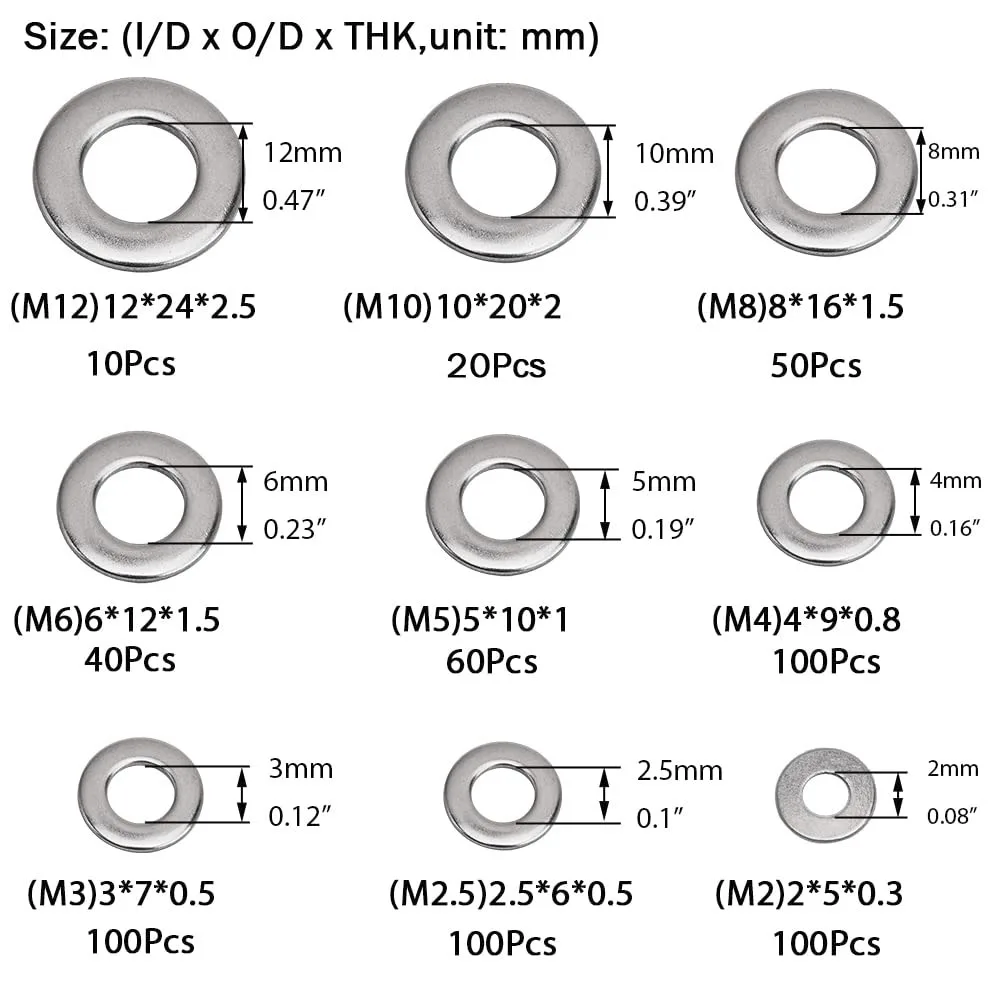 580Pcs Assorted 304 Stainless Steel Flat Washers Assortment Set Sealing Ring Gasket Fastener Round Spacer Metal Screw Washer Kit