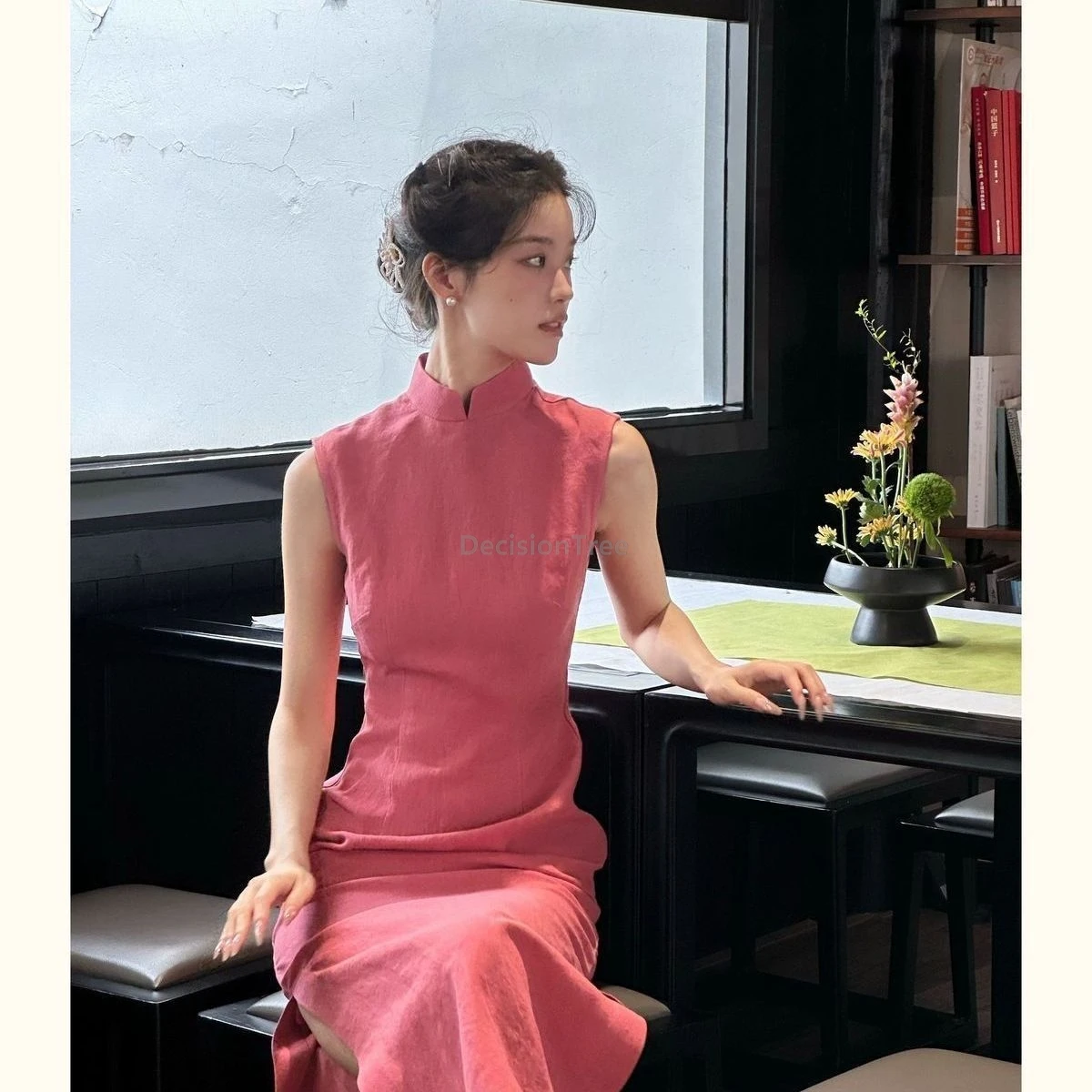 Stand-collar simple pink new Chinese-style sleeveless dress improved daily cheongsam slim waist elegant fitted dress