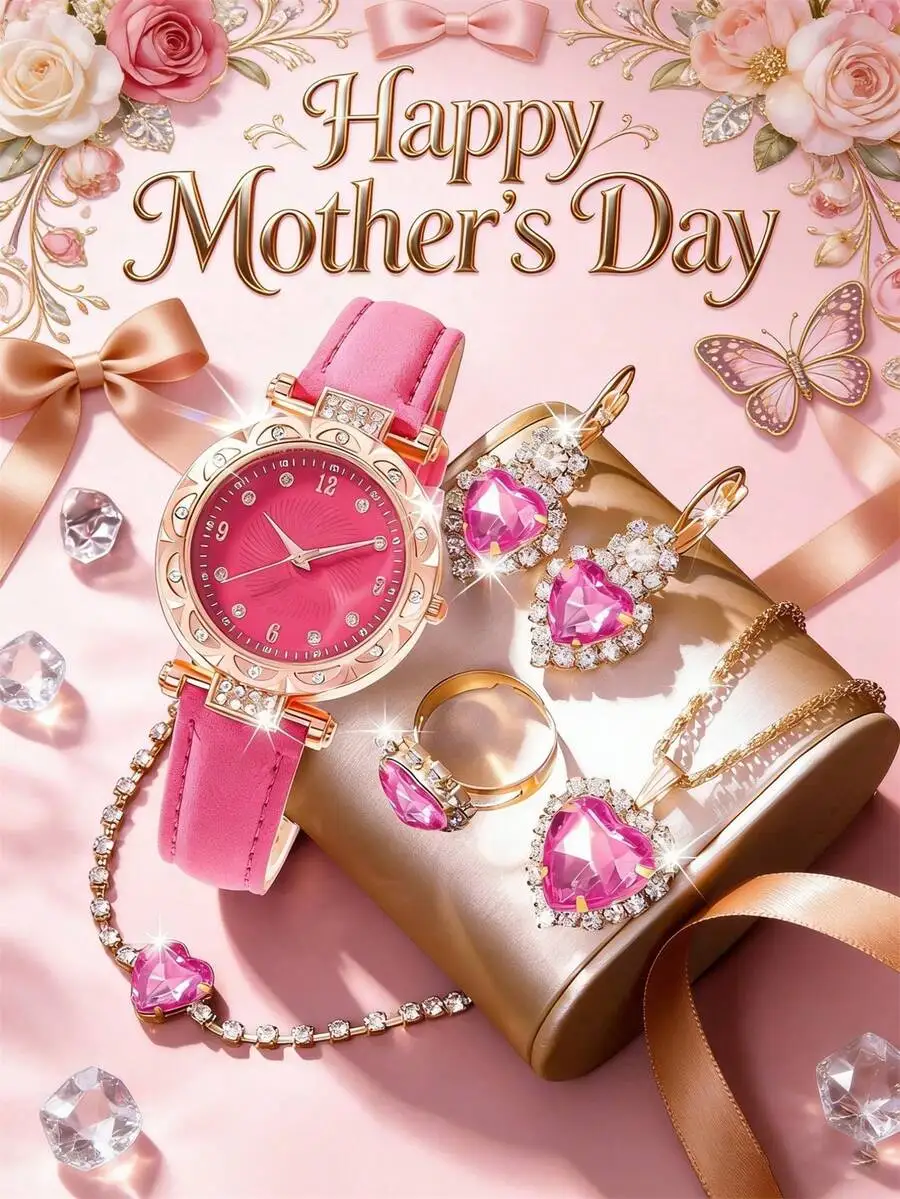 

Mothers Day Jewelry Set With Pink Watch Heart Necklace Earrings Ring Bracelet For Women