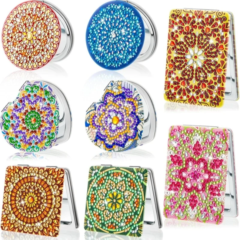 1 Stück DIY Diamant-Malerei-Set, kleiner Spiegel, Mandala-Muster, PU-Ledermaterial, tragbar und kompakt, für Make-up-Anwendungen