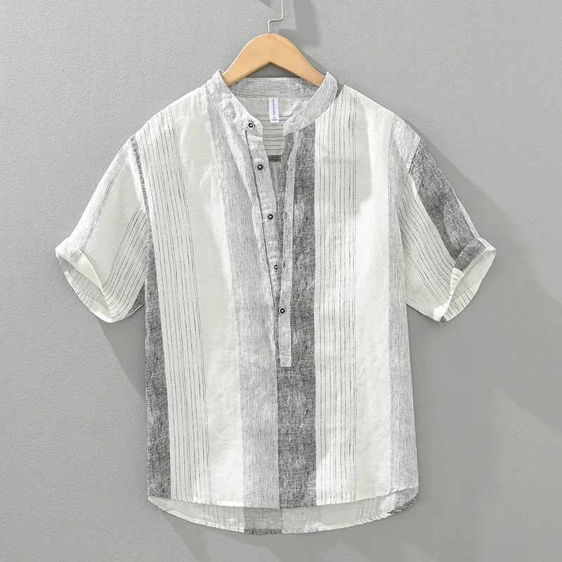 New Style Men's Linen Casual Five-quarter-sleeved Tops, Fashionable Thin Striped Printed Shirts in Summer in Europe and America