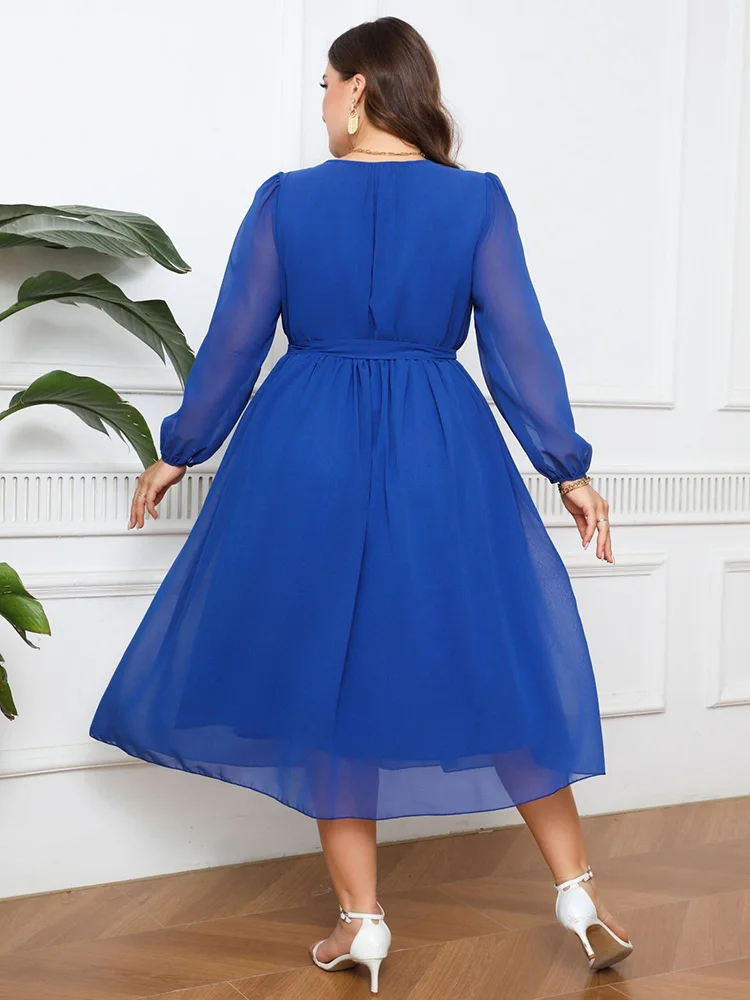 GIBSIE Plus Size Elegant O-Neck Belted Long Dress Women Spring Summer High Waist Chiffon Long Sleeve Female Solid A Line Dresses