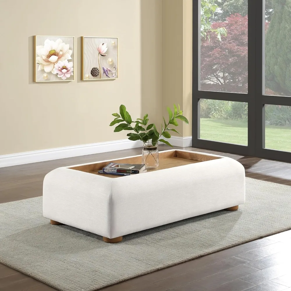 Collection Art Deco Coffee Table with Rich Cream Linen Textured Fabric, Solid Wood Natural Finish