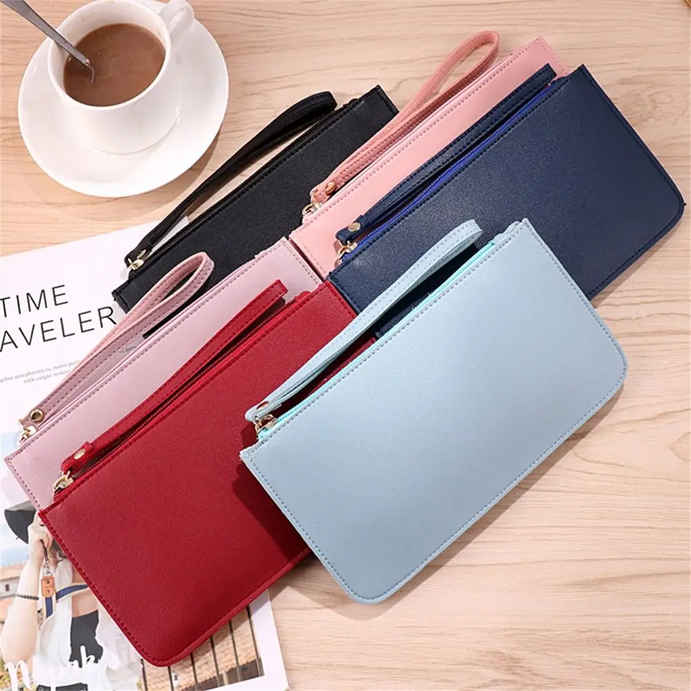 Fashion Soft PU Leather Long Wallets Large Capacity Solid Color Card Holder Zipper Pouch Women Girls