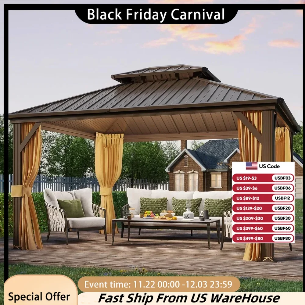 

10 'x 12' Hardtop Pavilion, Metal Pavilion with Aluminum Frame, Double-layer Galvanized Steel Roof, Including Curtains and Mesh