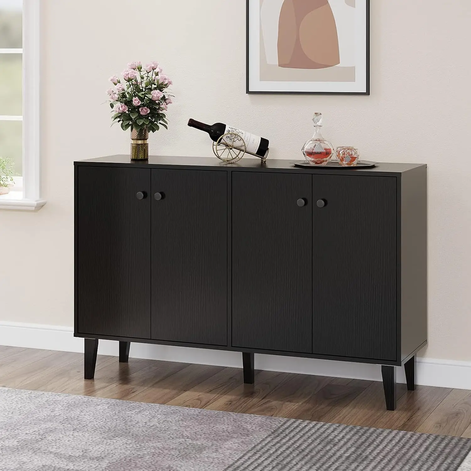 

Sideboard Buffet Kitchen Storage Living Room 4 Door Console Table (Black)