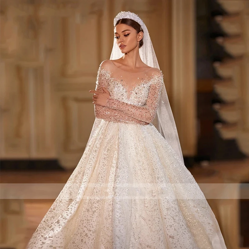 Muçulmano a line vestido de casamento 2023 luxo querida frisado manga longa vestidos de noiva das mulheres elegante princesa sem costas novia robe