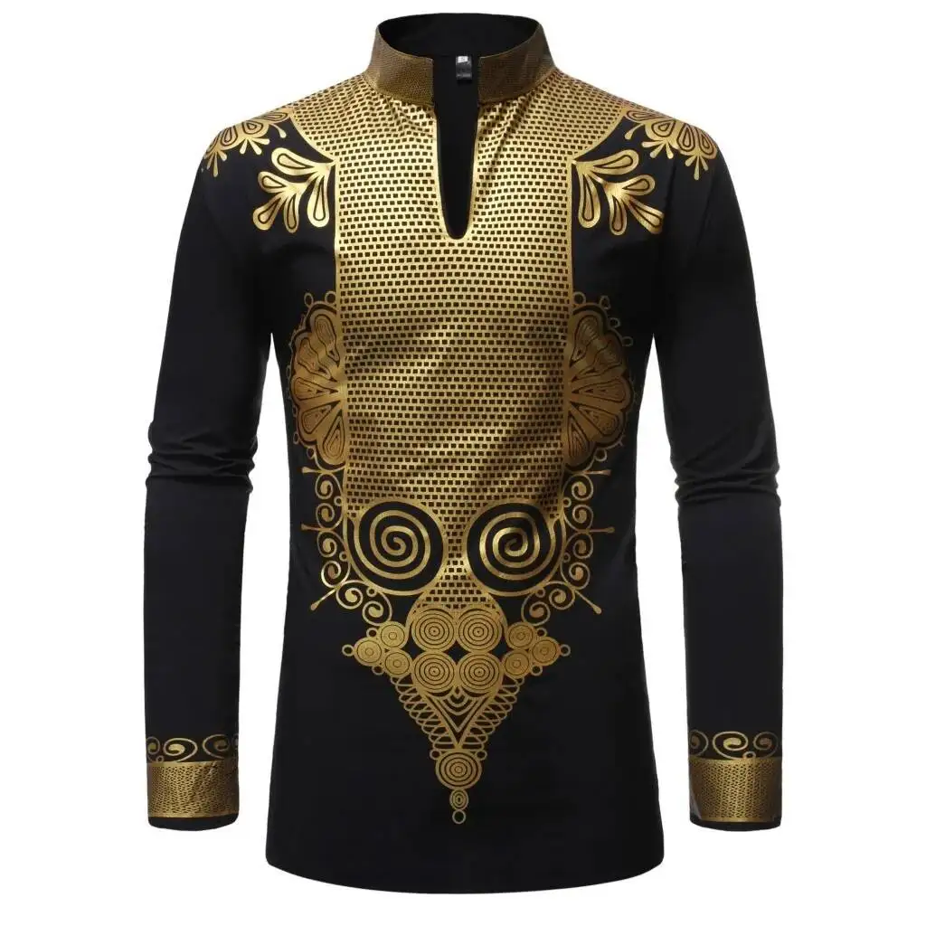 Gold New Men's Style Hot Stand Collar Long Sleeve Shirt Men's Shirt Zt-fz38