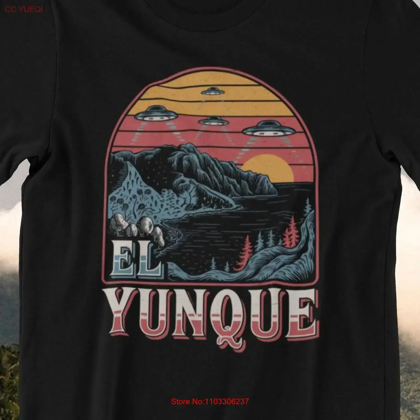 El Yunque selva tropical OVNI camiseta negra Puerto Rico arte del bosque nacional Retro montaña alienígena Vintage naturaleza caribeña vintage