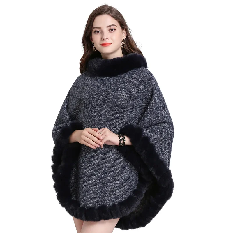 Poncho holgado de gran tamaño para mujer, abrigo de terciopelo cálido con cuello redondo y agujero, piel de conejo sintética, Jersey grueso, capas tipo chal, 10 colores