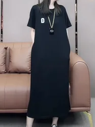 Short sleeved dress for women's summer chubby mm oversized slim pure cotton medium length T-shirt dress over knee casual 02FP