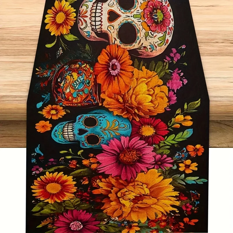 1 Vibrant Colorful Skull Tablecloth Mexican Skull And Floral Design, Black Background, Perfect For Halloween, Day Of The Dead, D