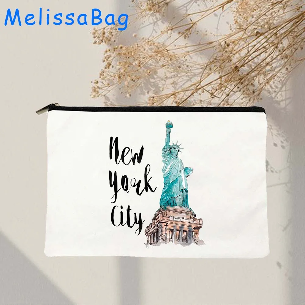 Milan Moscow Netherlands New York Paris Taj Mahal Egypt San Francisco Berlin London Canvas Cosmetic Makeup Bag Pencil Case Pouch